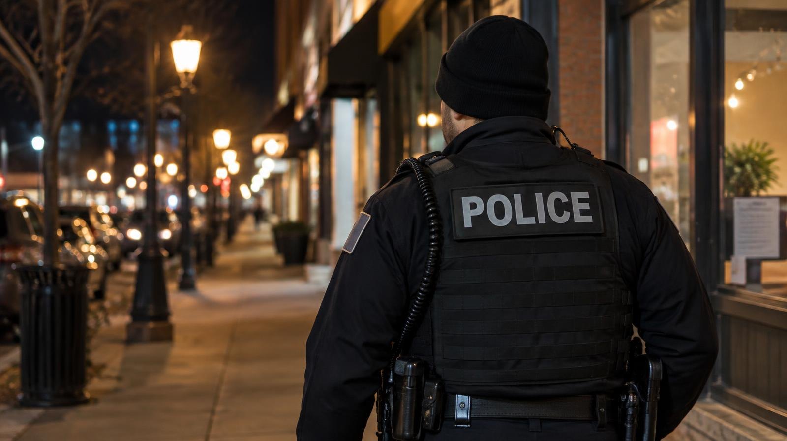 Police officer on foot patrol along a dimly lit commercial sidewalk at night.