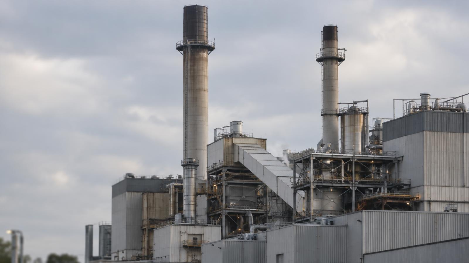 Industrial waste-to-energy facility with tall smokestacks against an overcast sky.
