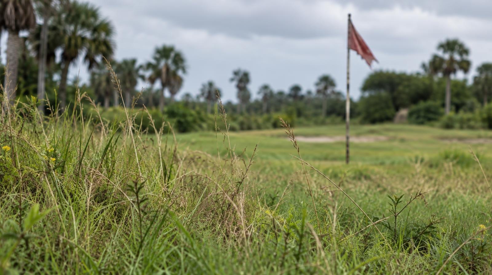 Overgrown abandoned golf course fairway with tall weeds and a distant flagstick.