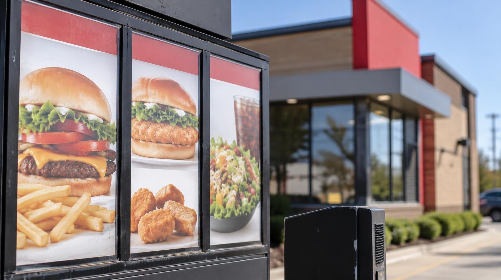 Drive-through menu board and exterior signage at a fast food restaurant.