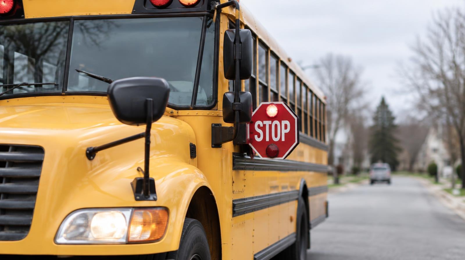 A yellow school bus parked on a street with its stop arm and warning lights visible.