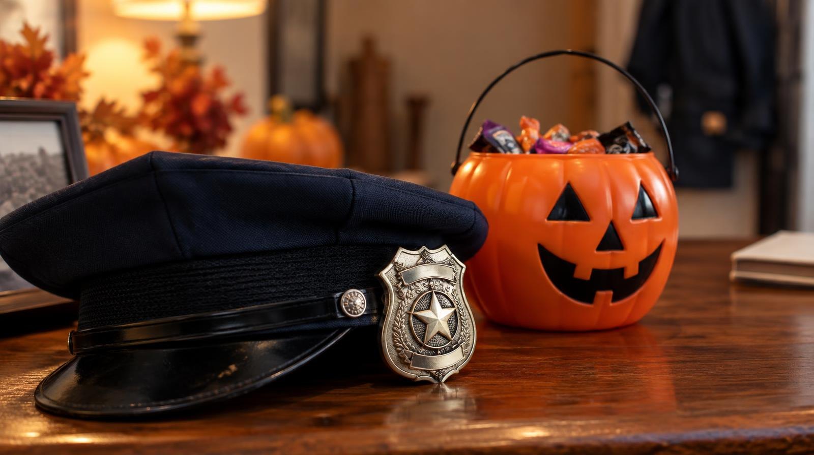 A police badge and cap beside a small orange plastic Halloween pumpkin bucket.