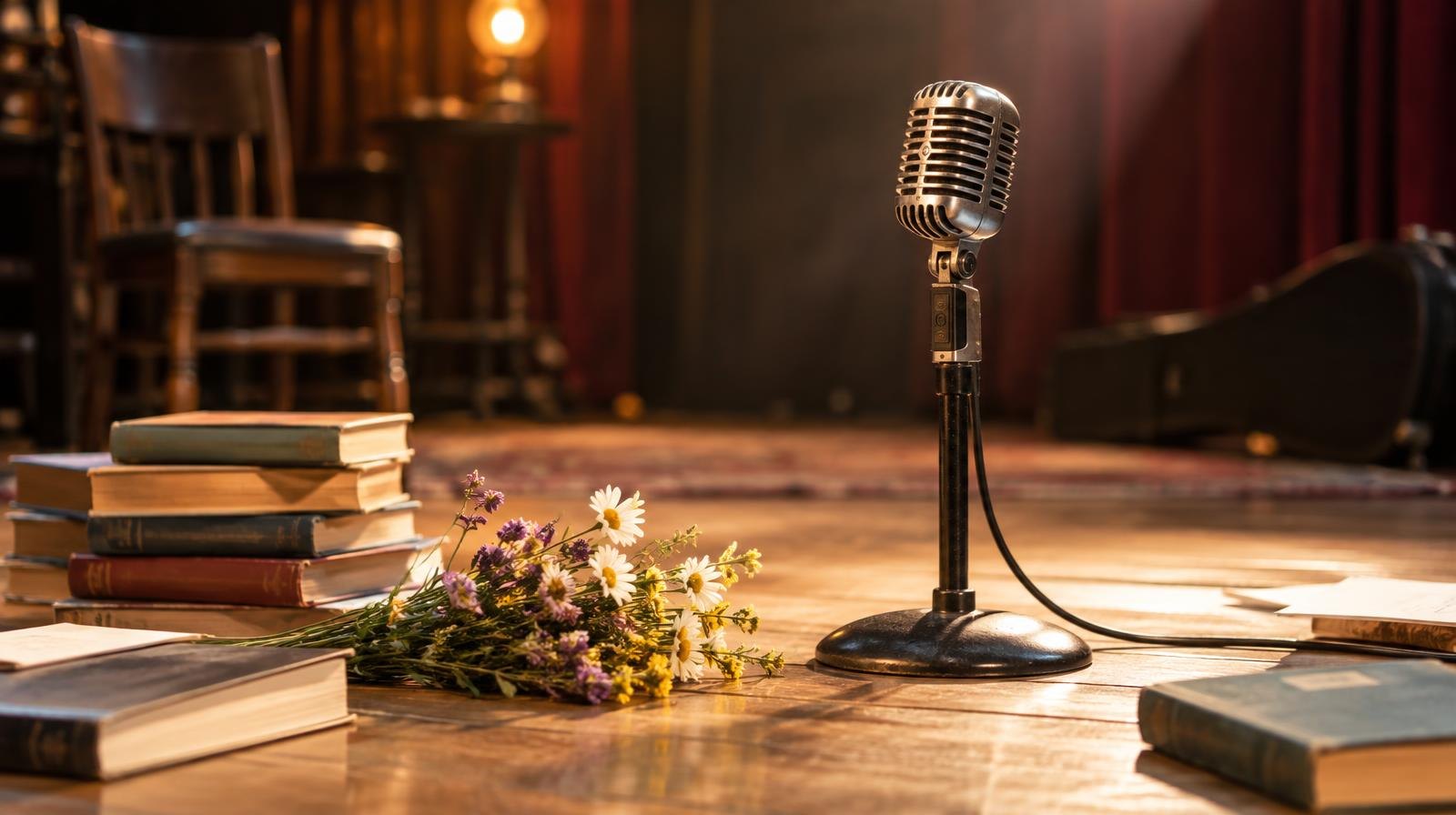 Vintage microphone on a wooden stage with books and wildflowers under a spotlight.