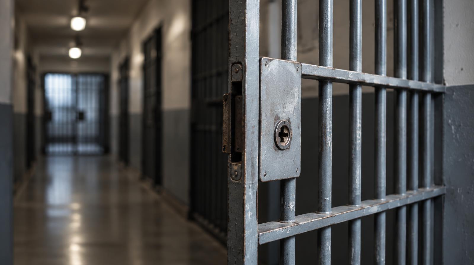 Heavy steel-barred jail cell door slightly open in a dim institutional hallway.