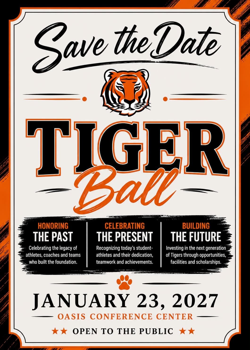 Save the Date flyer for the Tiger Ball event on January 23, 2027.