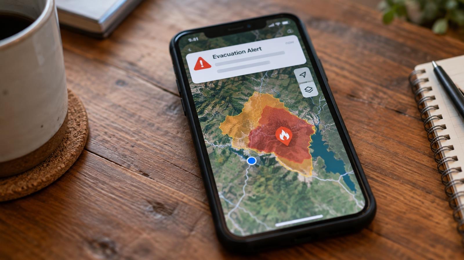 Smartphone showing a map with colored emergency zone overlays on a wooden table.