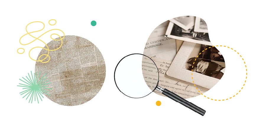 Decorative graphic with a magnifying glass over vintage photographs and handwritten documents.