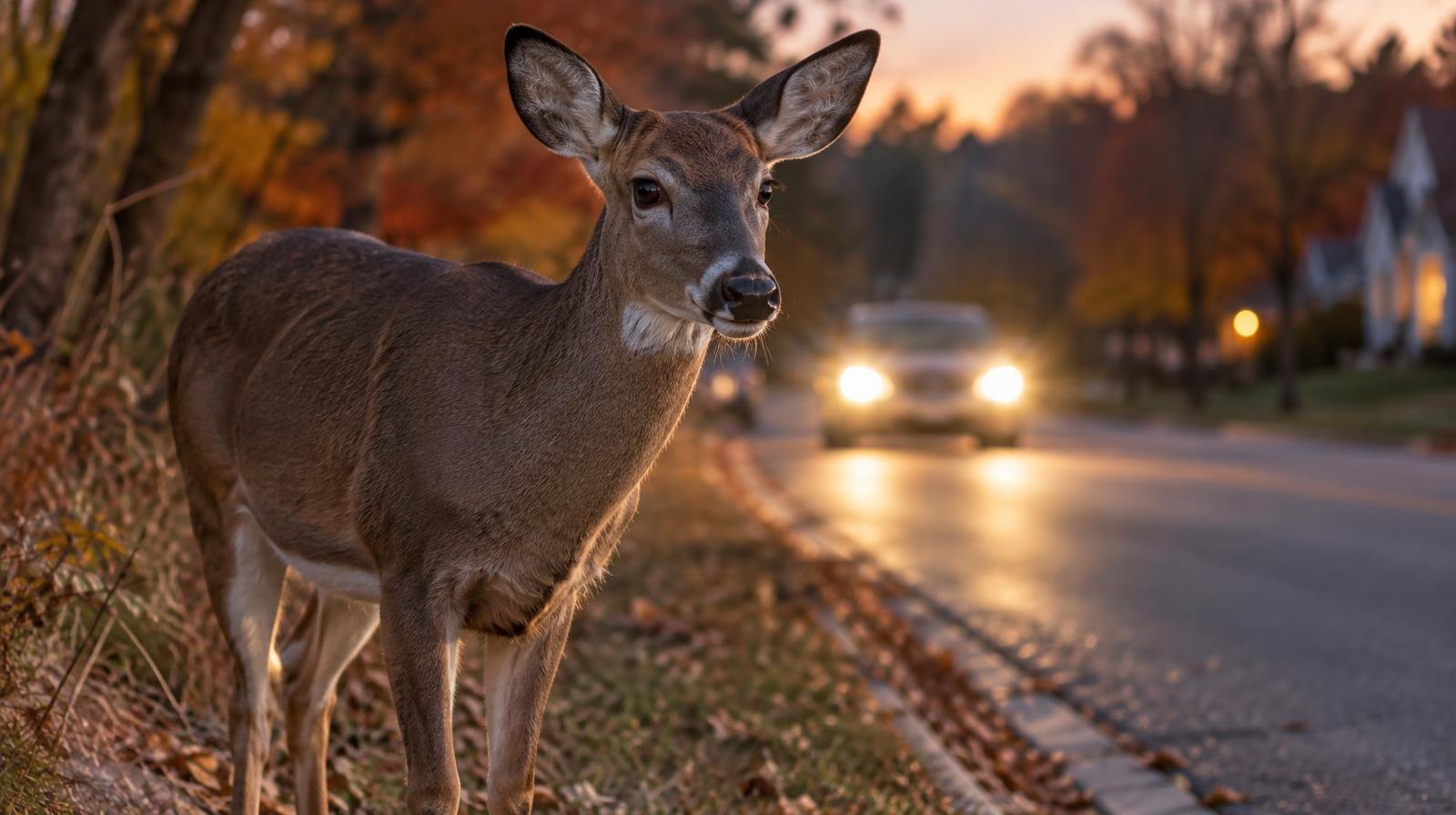 A deer stands at the edge of a road illuminated by headlights at dusk.