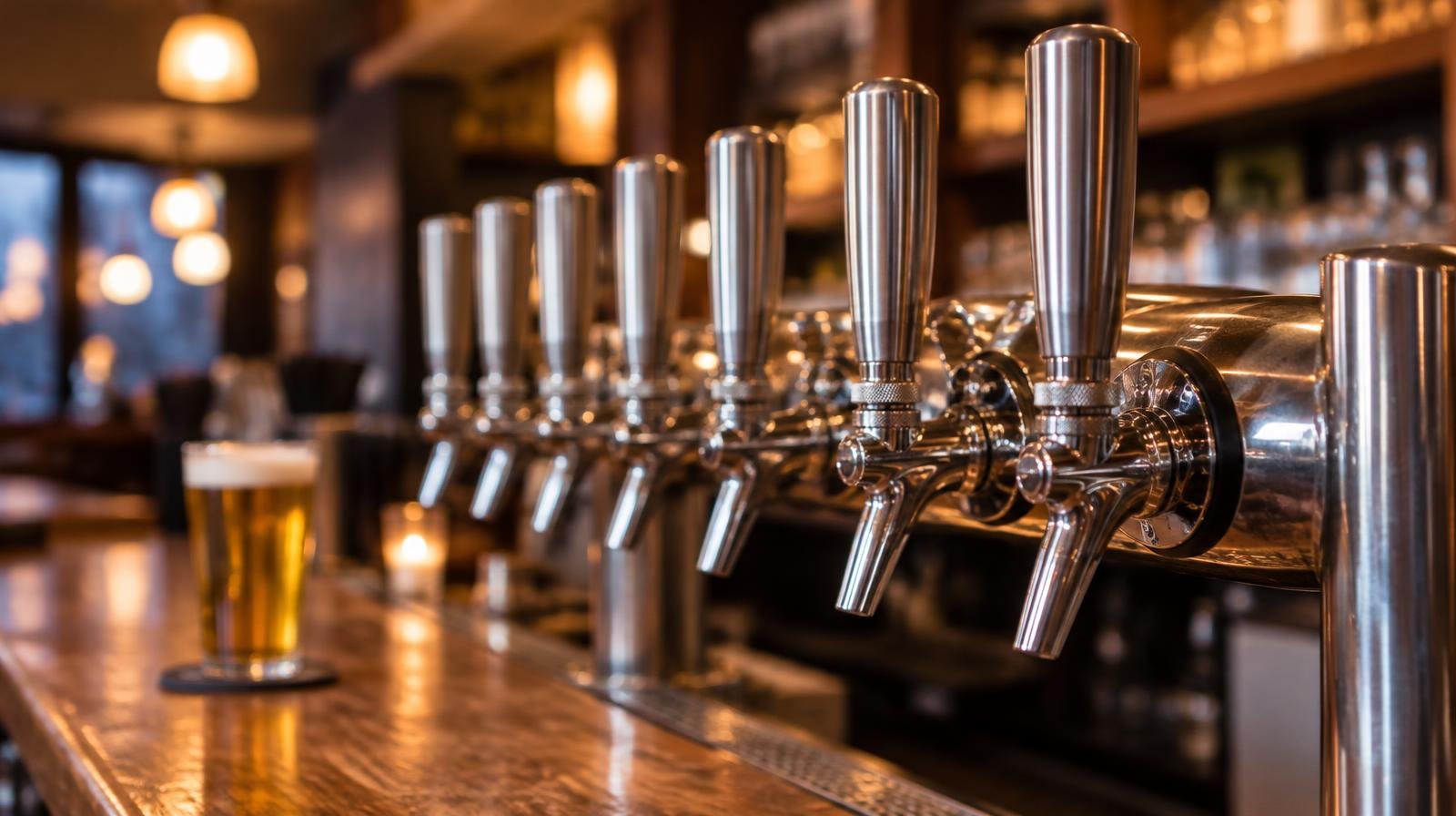 Polished stainless-steel craft beer tap handles on a wooden bar counter.