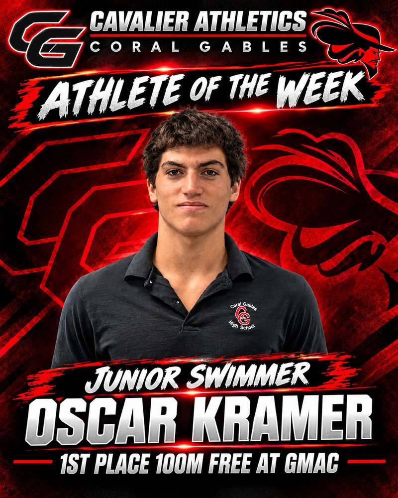 Athlete of the Week graphic featuring a young male swimmer in school colors.