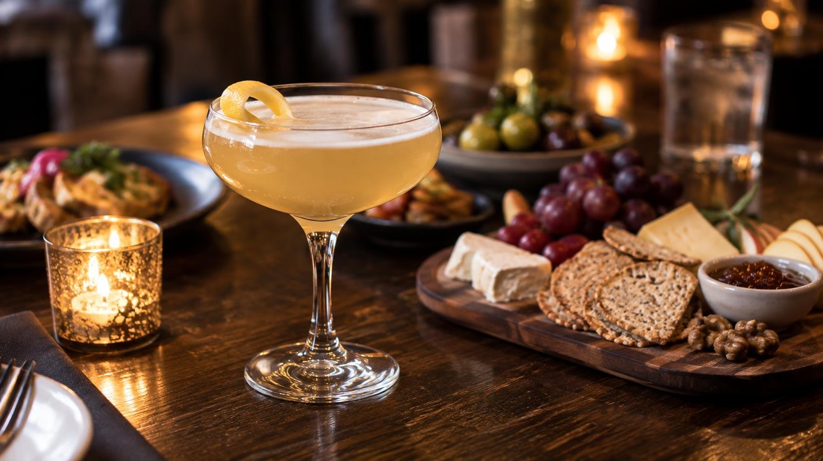 A craft cocktail in a coupe glass beside small sharing plates and a cheese board on a dark wood bar.