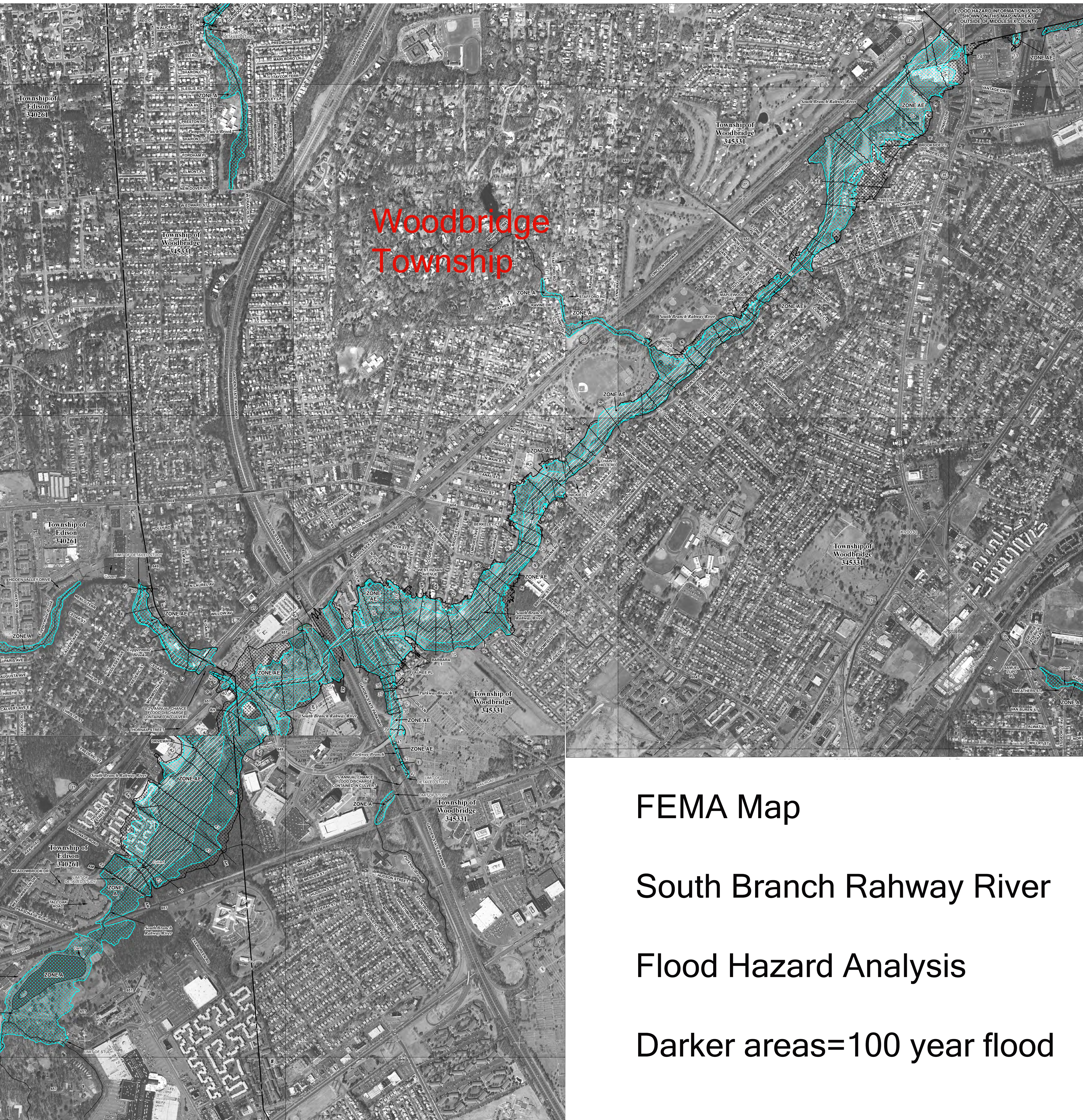 FEMA map showing teal flood hazard zones along a New Jersey river corridor.