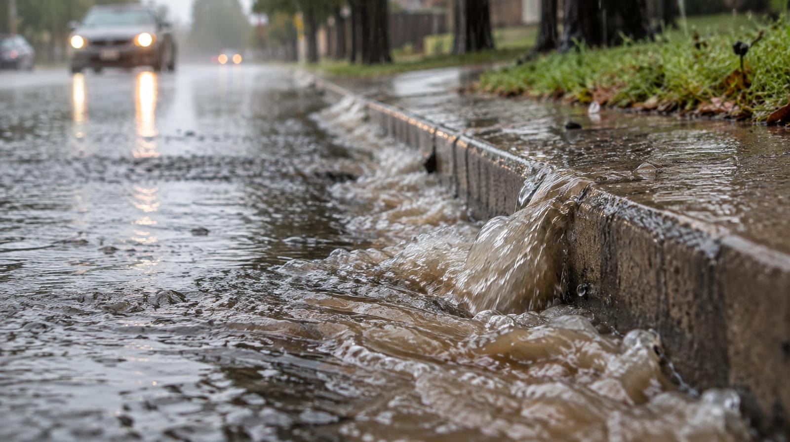 Muddy brown water rushing along a rain-soaked street gutter during heavy rainfall.