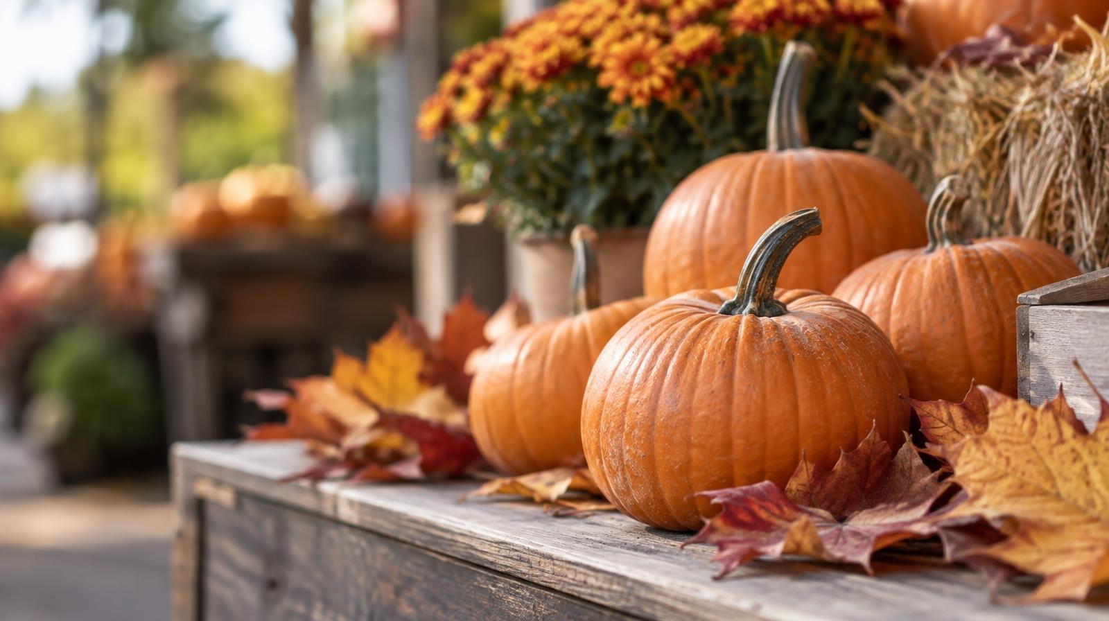 Small orange pumpkins and autumn leaves arranged on a wooden surface.