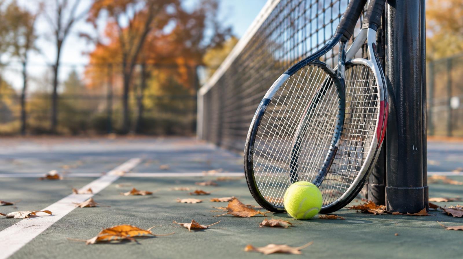 Two tennis rackets and a yellow tennis ball resting on an outdoor hard court near the net post.