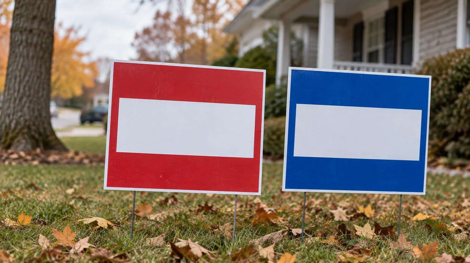 Two campaign yard signs, one red and one blue, planted in a grass lawn.