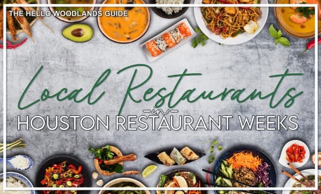 Promotional graphic for Houston Restaurant Weeks surrounded by overhead food dish photos.
