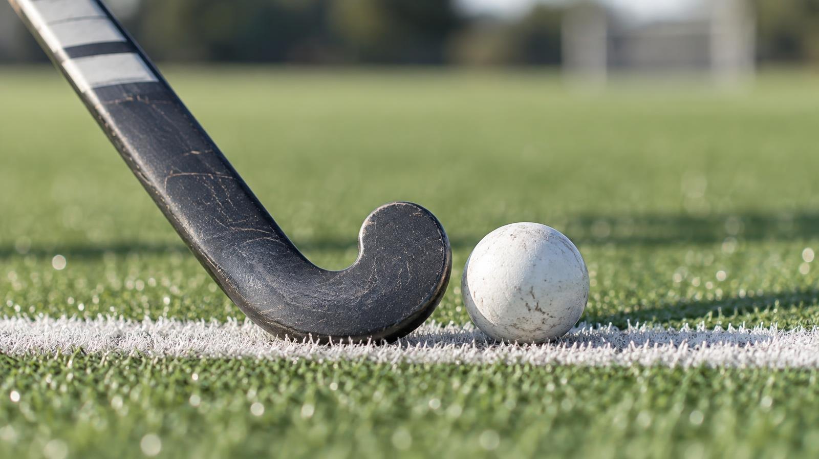 Field hockey stick and ball resting on green artificial turf near a white line.
