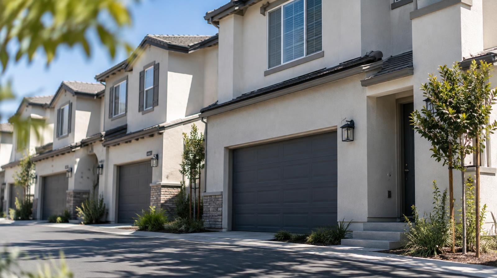 Row of modern attached townhomes with two-car garages under a clear blue sky.