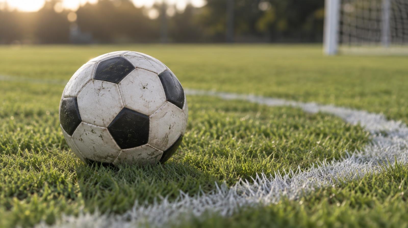 A soccer ball resting on green grass near a white painted penalty arc line.