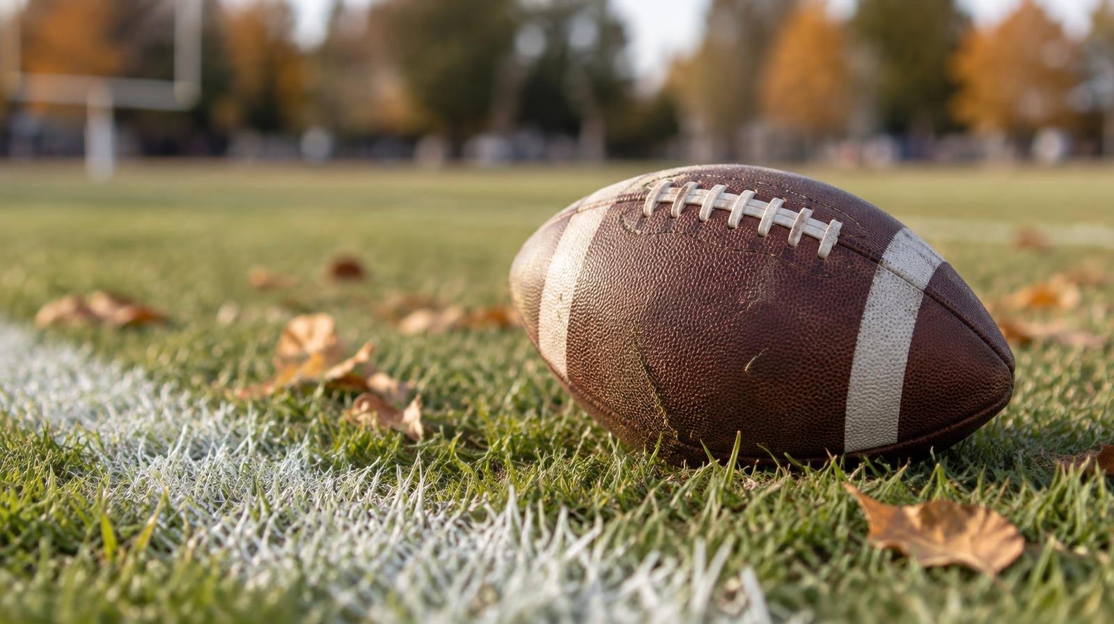 An American football resting on green grass beside a white painted yard line.