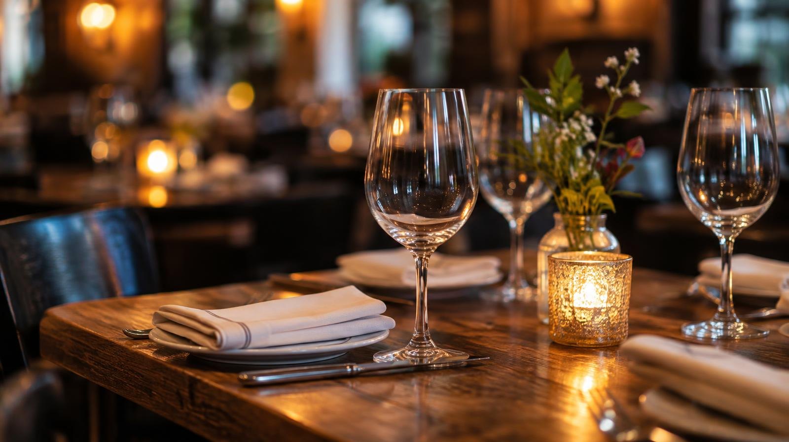 A dinner table set with wine glasses, folded napkins, and a lit candle.