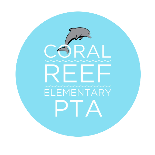 Circular light-blue logo with a dolphin and the words Coral Reef Elementary PTA.