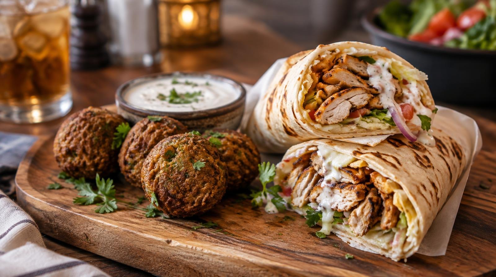 Shawarma wrap and falafel on a wooden board with garlic sauce.