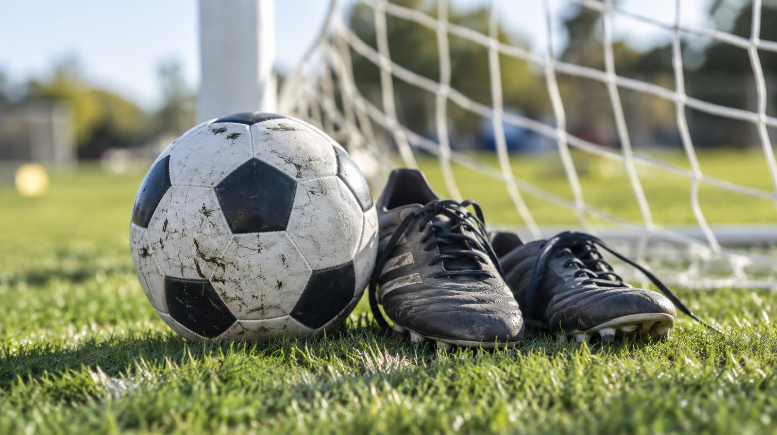 A soccer ball resting on green grass near a goal net in sunlight.
