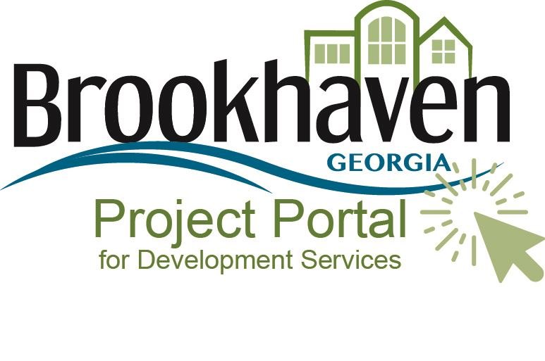 Logo reading Brookhaven Georgia Project Portal for Development Services with stylized building icons.