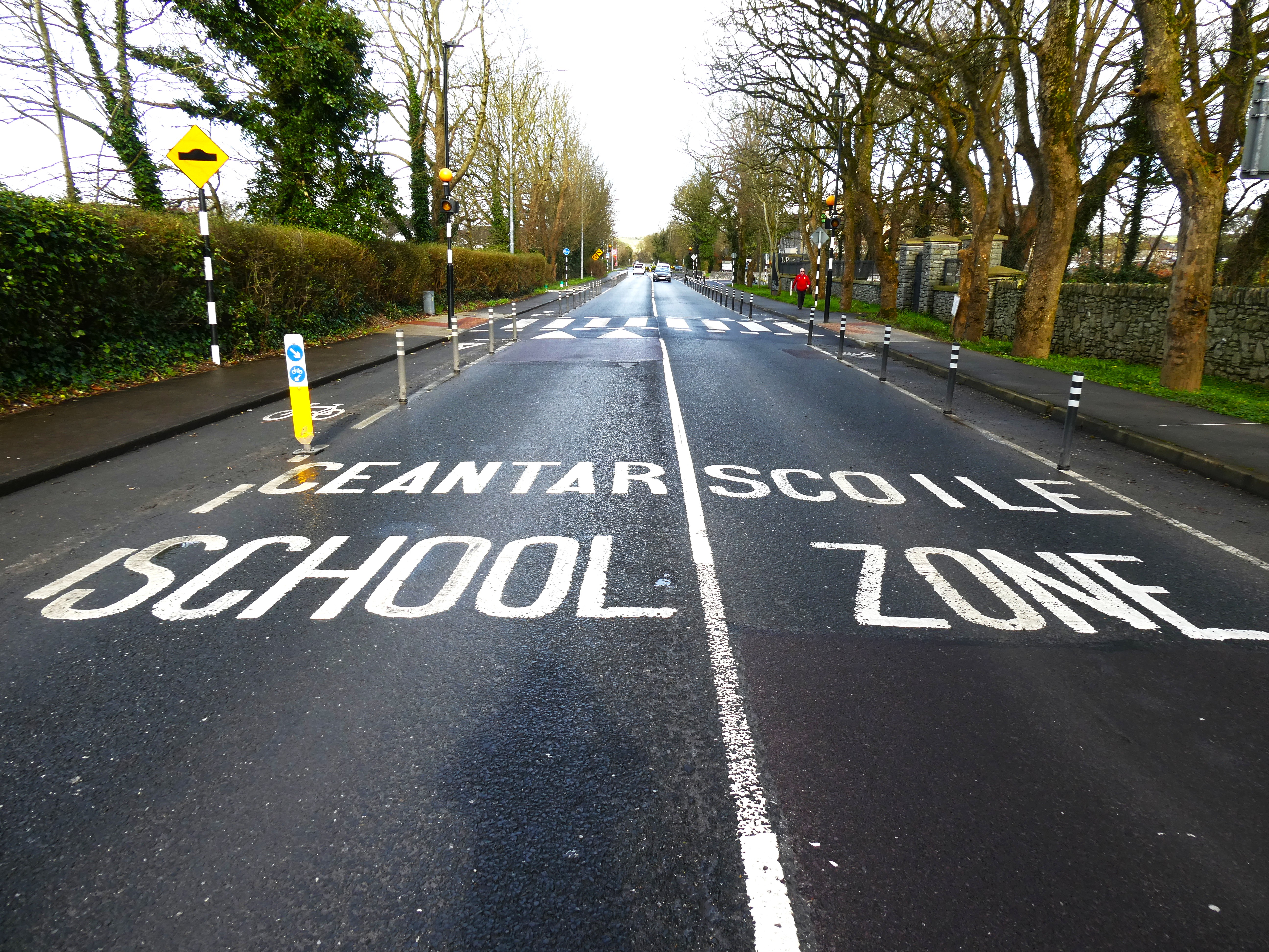 Road surface painted with large white 'School Zone' text, flanked by yellow bollards and a warning sign.