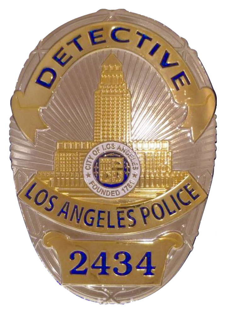 A gold and silver LAPD detective badge with the City of Los Angeles seal and badge number 2434.