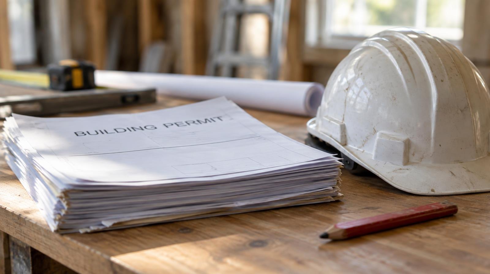 A stack of documents beside a yellow hard hat and pencil on a wooden table.