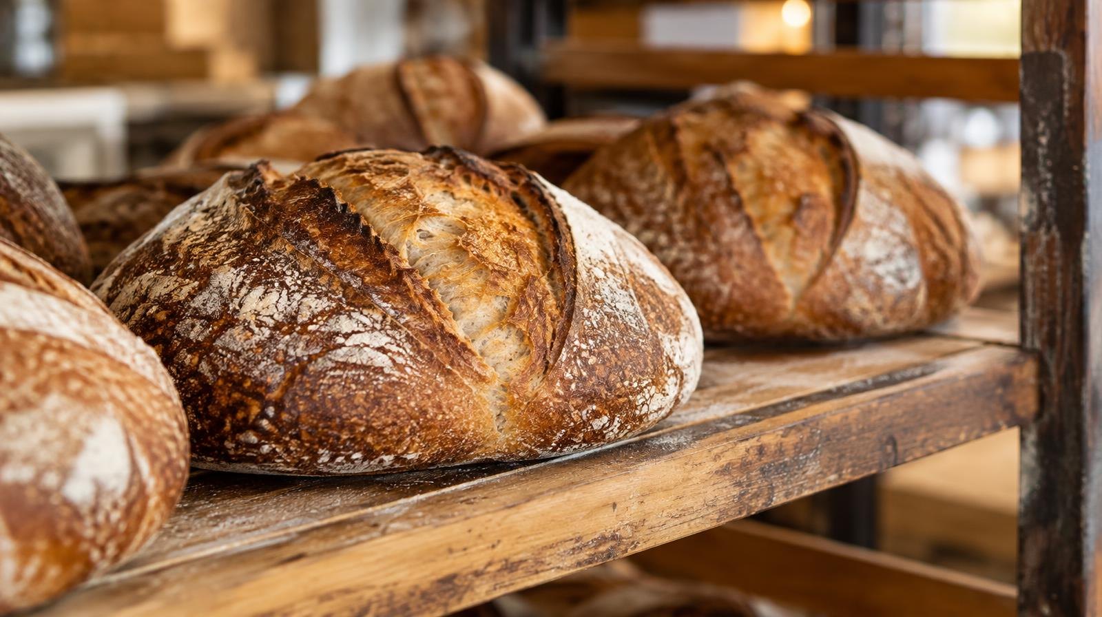Several flour-dusted sourdough loaves with scored crusts on a wooden rack.