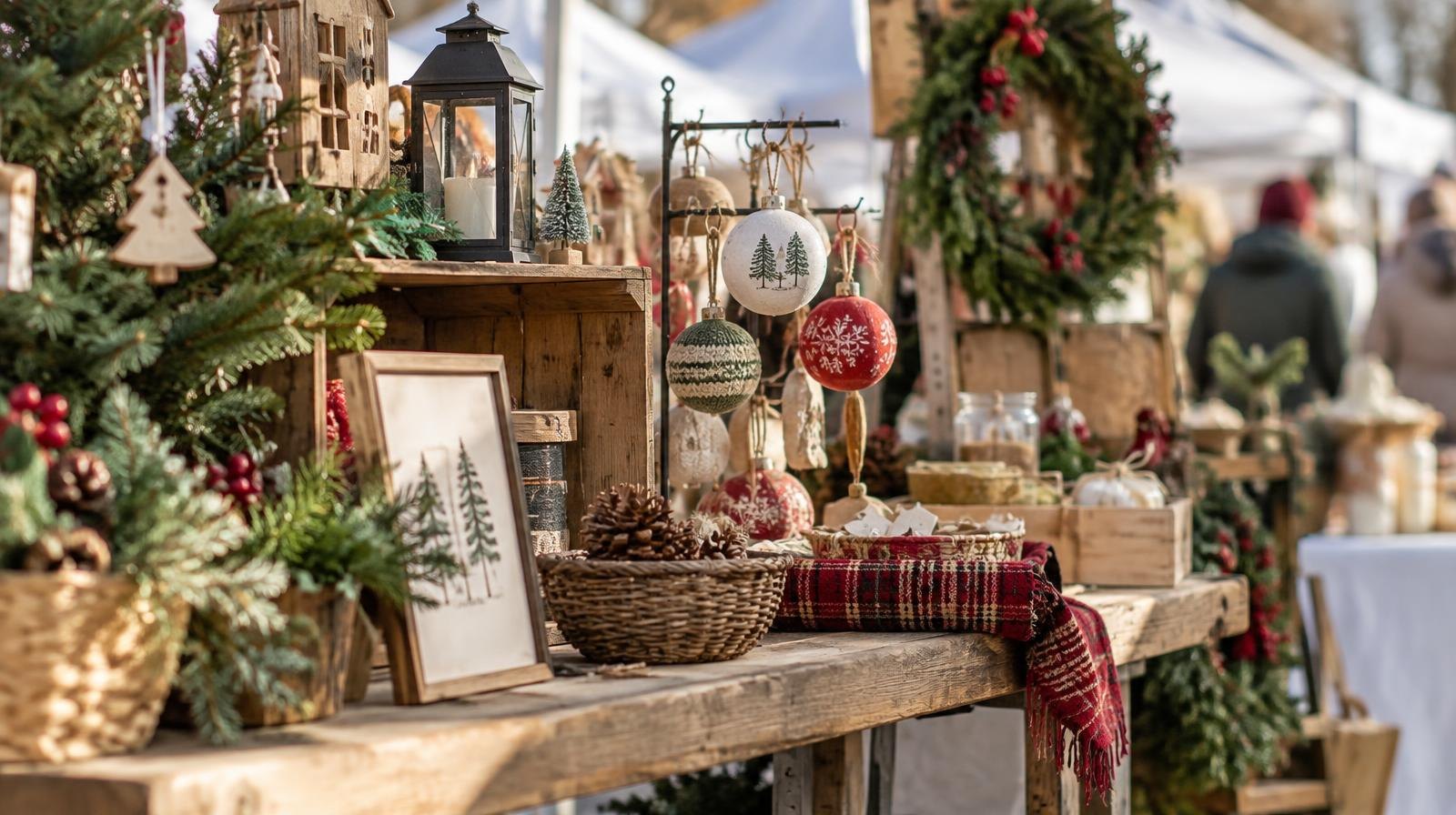 Colorful holiday craft booth with handmade ornaments, wreaths, and artisan gifts on a table.