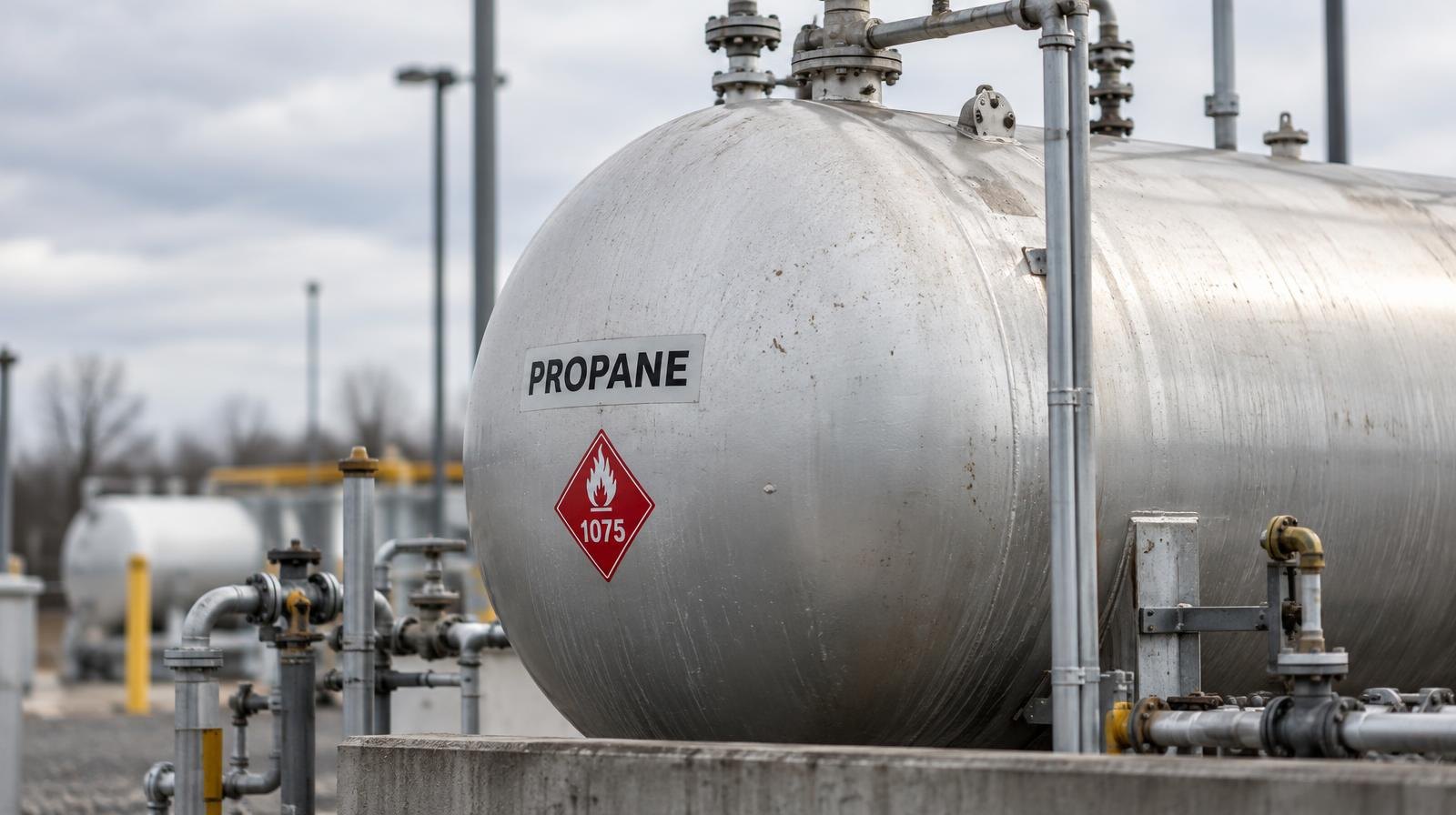 Large silver propane storage tank with valves and piping outdoors.