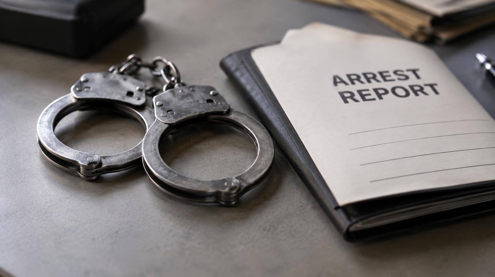 A pair of metal handcuffs resting on a plain surface next to a document folder.