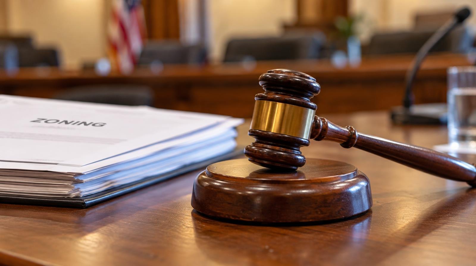 A wooden gavel resting on its sound block on a table