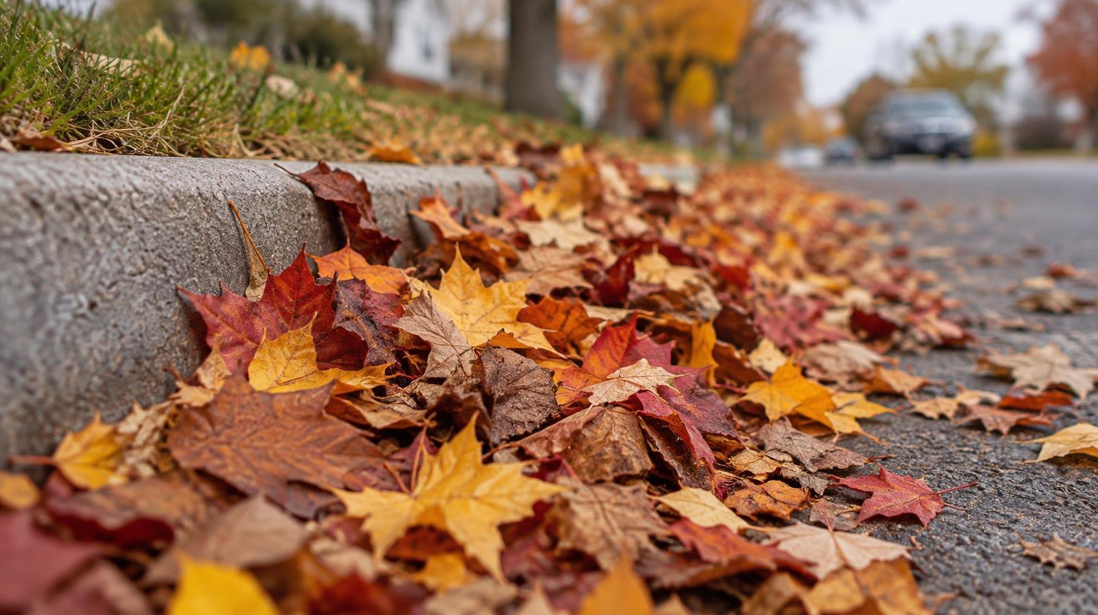 Colorful red, orange, and yellow autumn leaves piled at a residential curb.