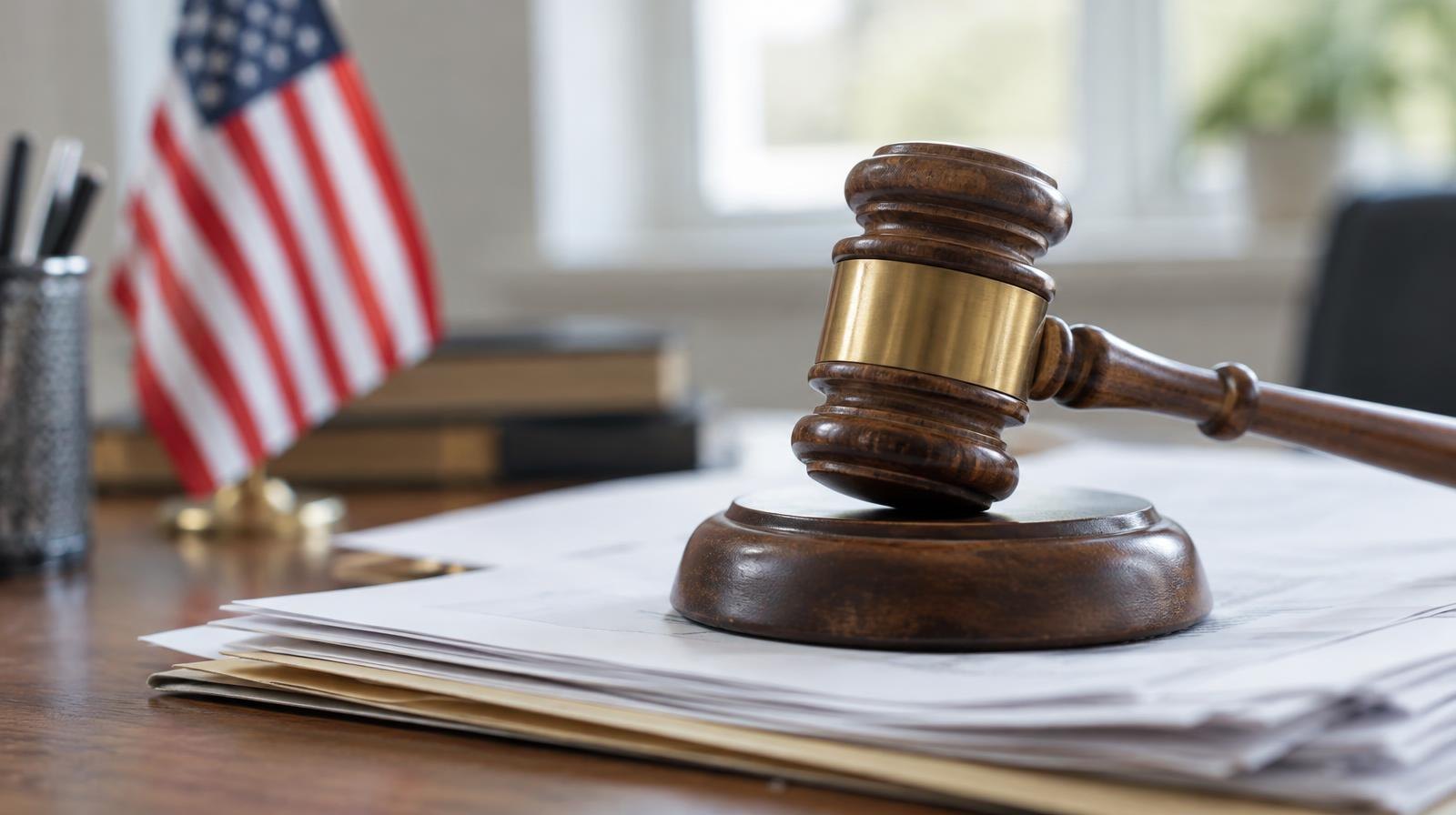A wooden gavel resting on government documents beside a small American flag.