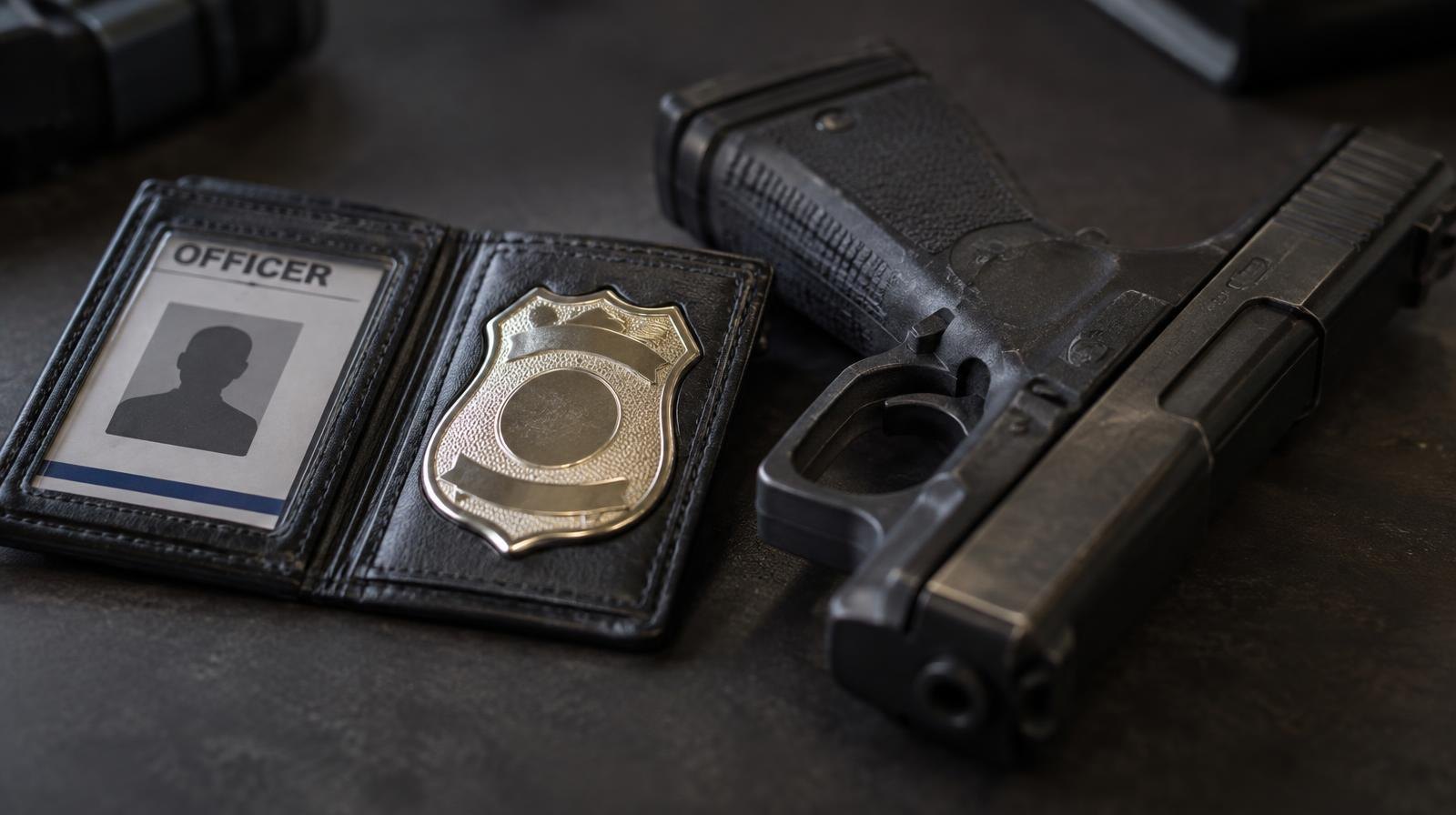 A semi-automatic handgun lying next to a law enforcement credential wallet on a dark surface.