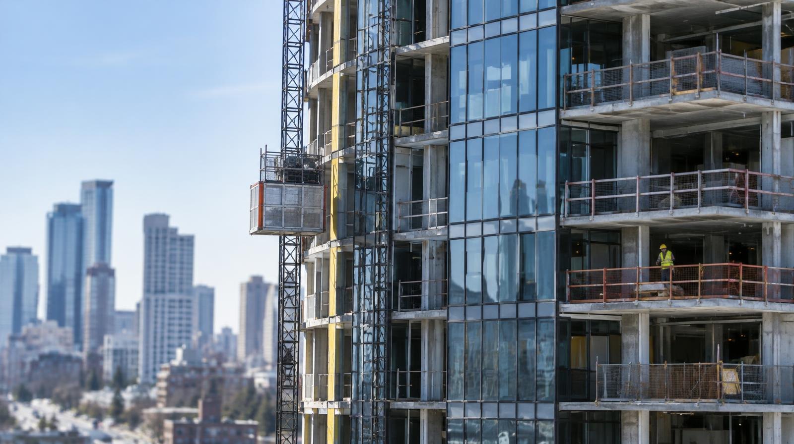 Modern glass and steel high-rise apartment tower under construction against a clear sky.