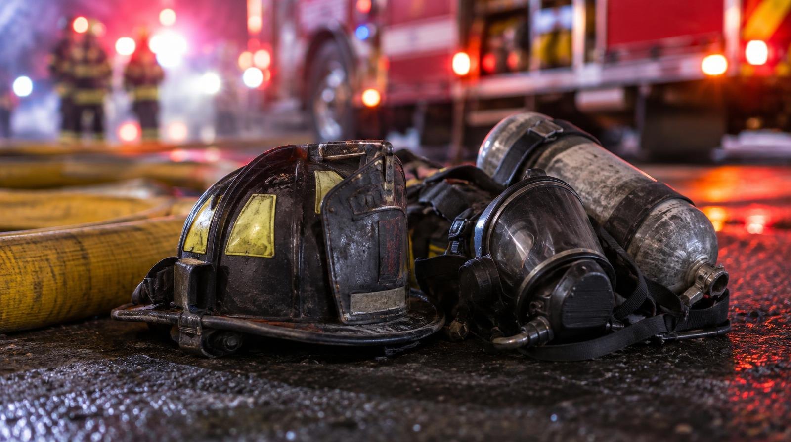Firefighter helmet and breathing apparatus beside a coiled fire hose on the ground.