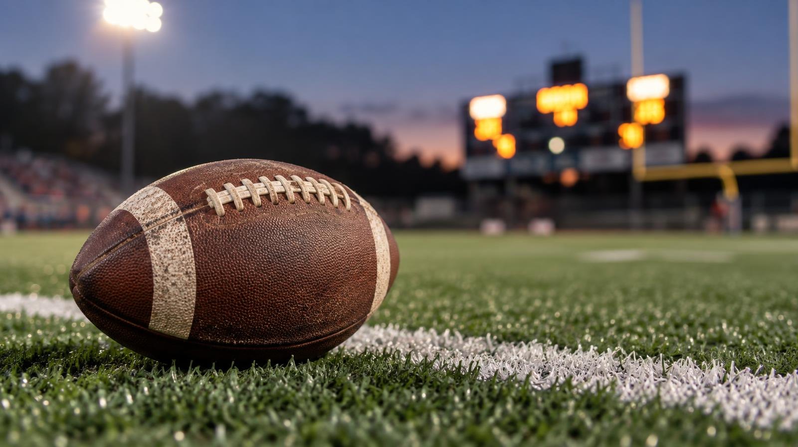 An American football resting on green turf beside a white yard line.