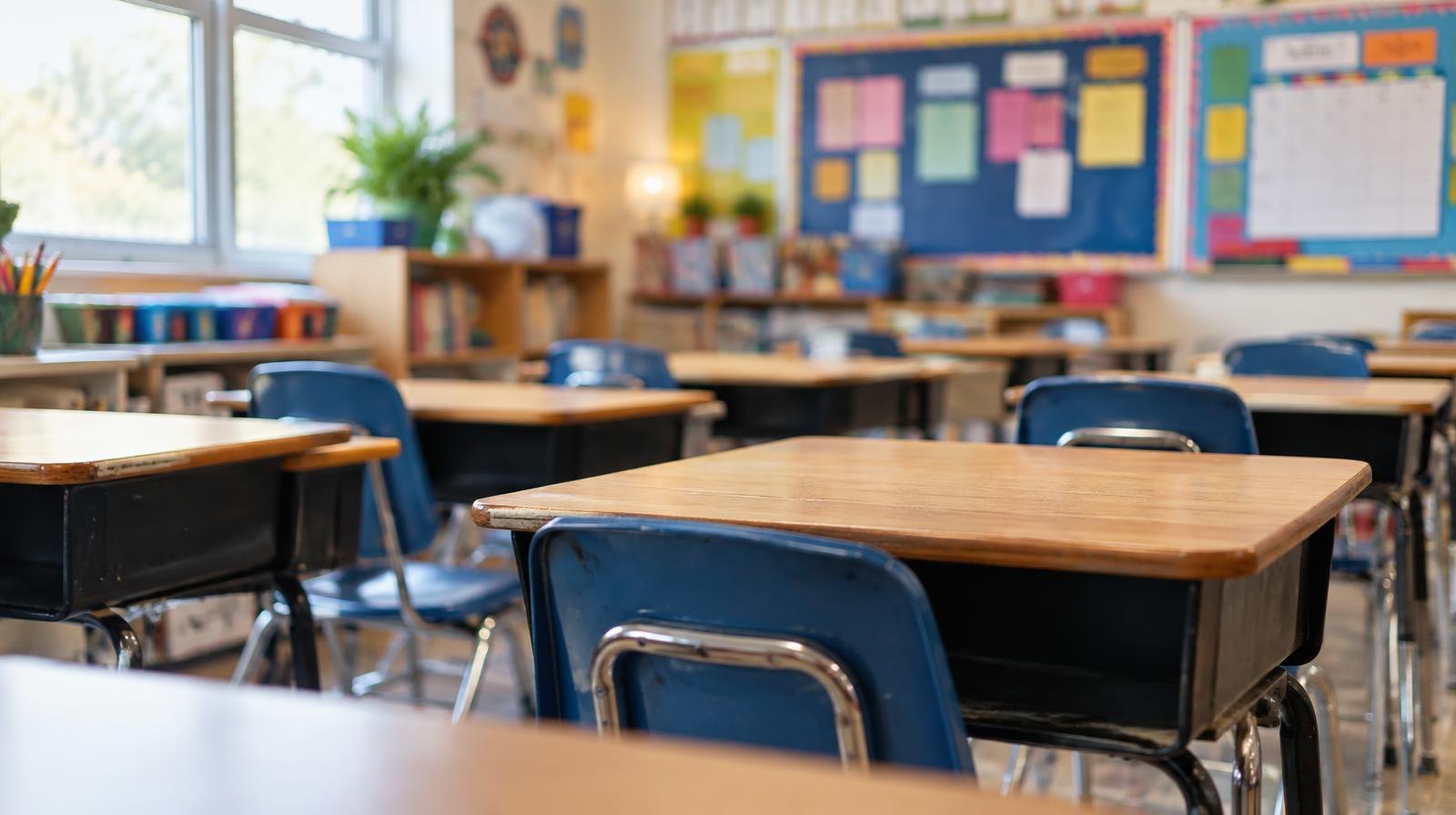 Rows of small wooden desks and chairs in an empty elementary school classroom.