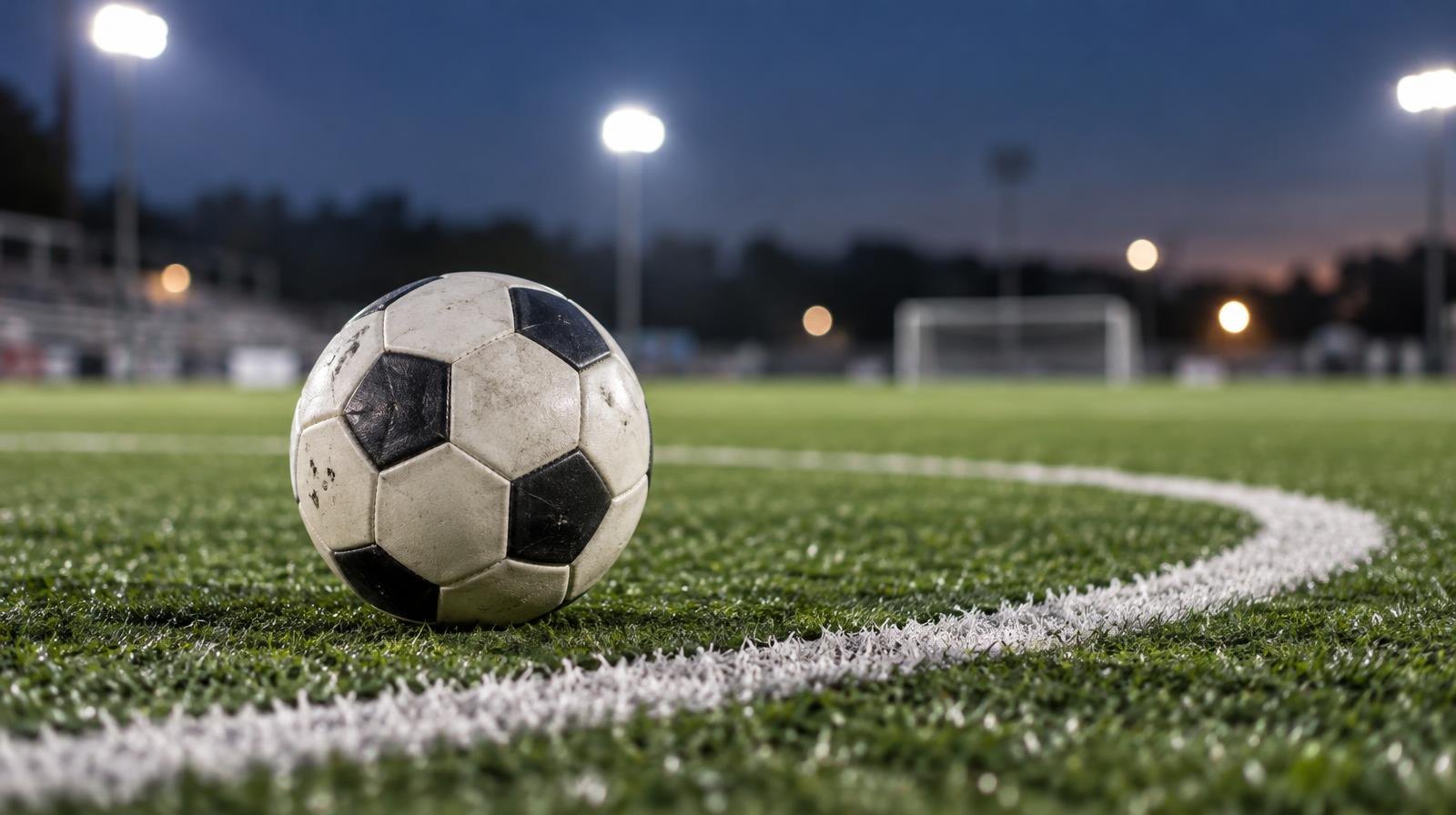 A black-and-white soccer ball on green turf near a white painted line.