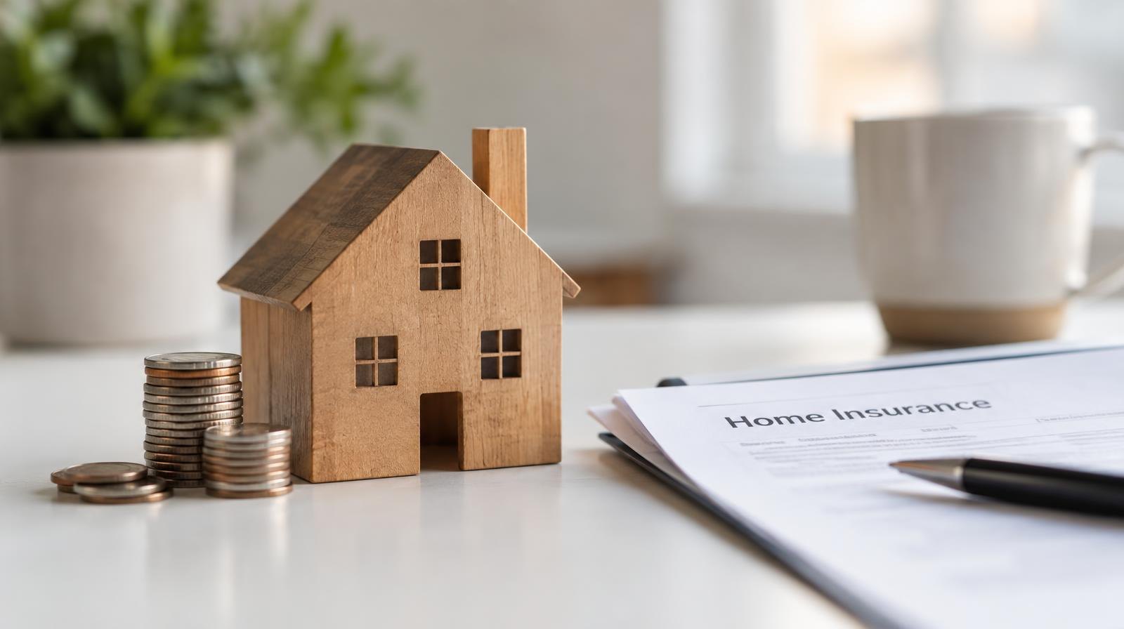 Small wooden house model next to stacked coins on a white surface.