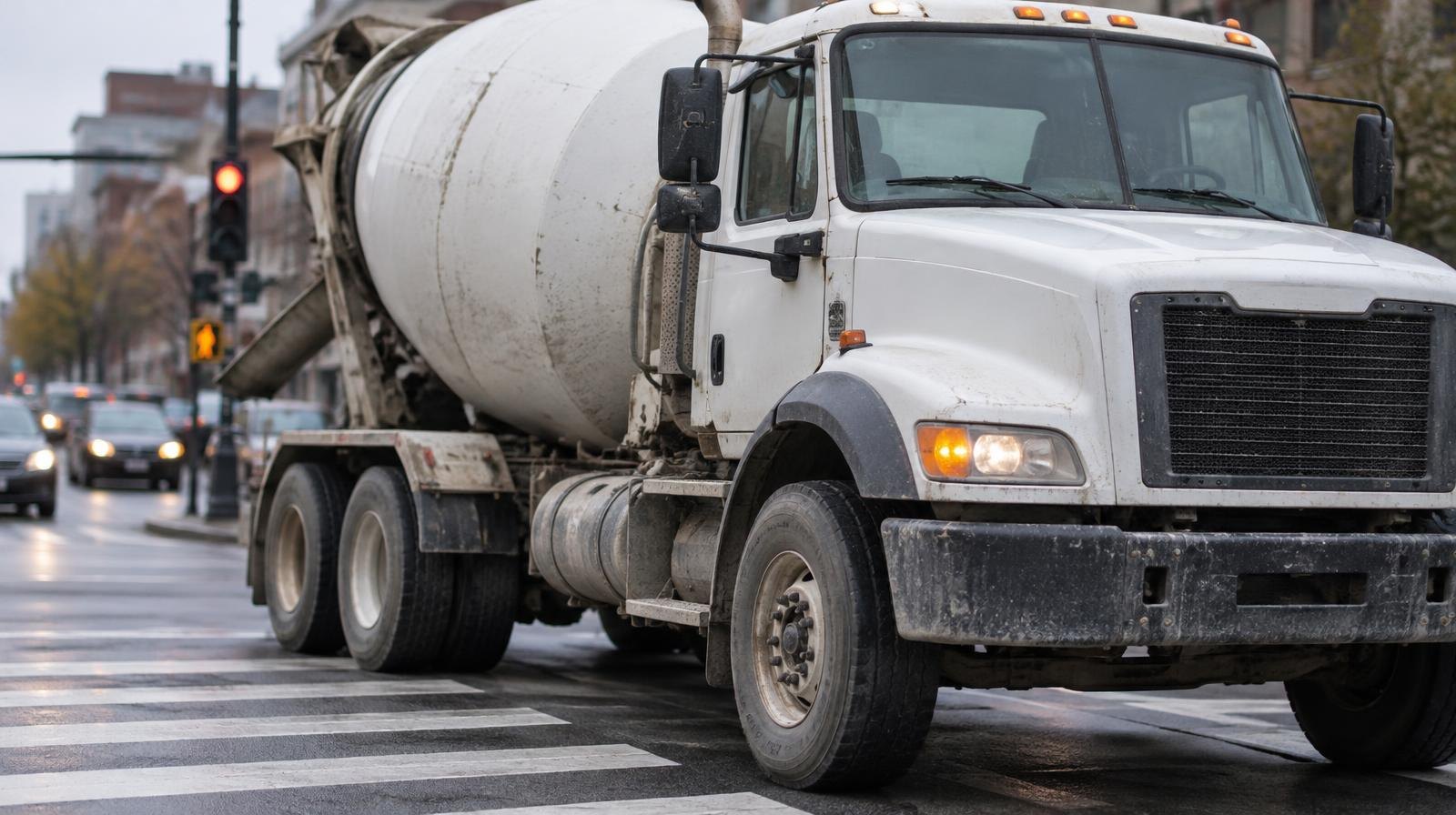 Large concrete mixer truck stopped at a marked pedestrian crosswalk on an urban street.