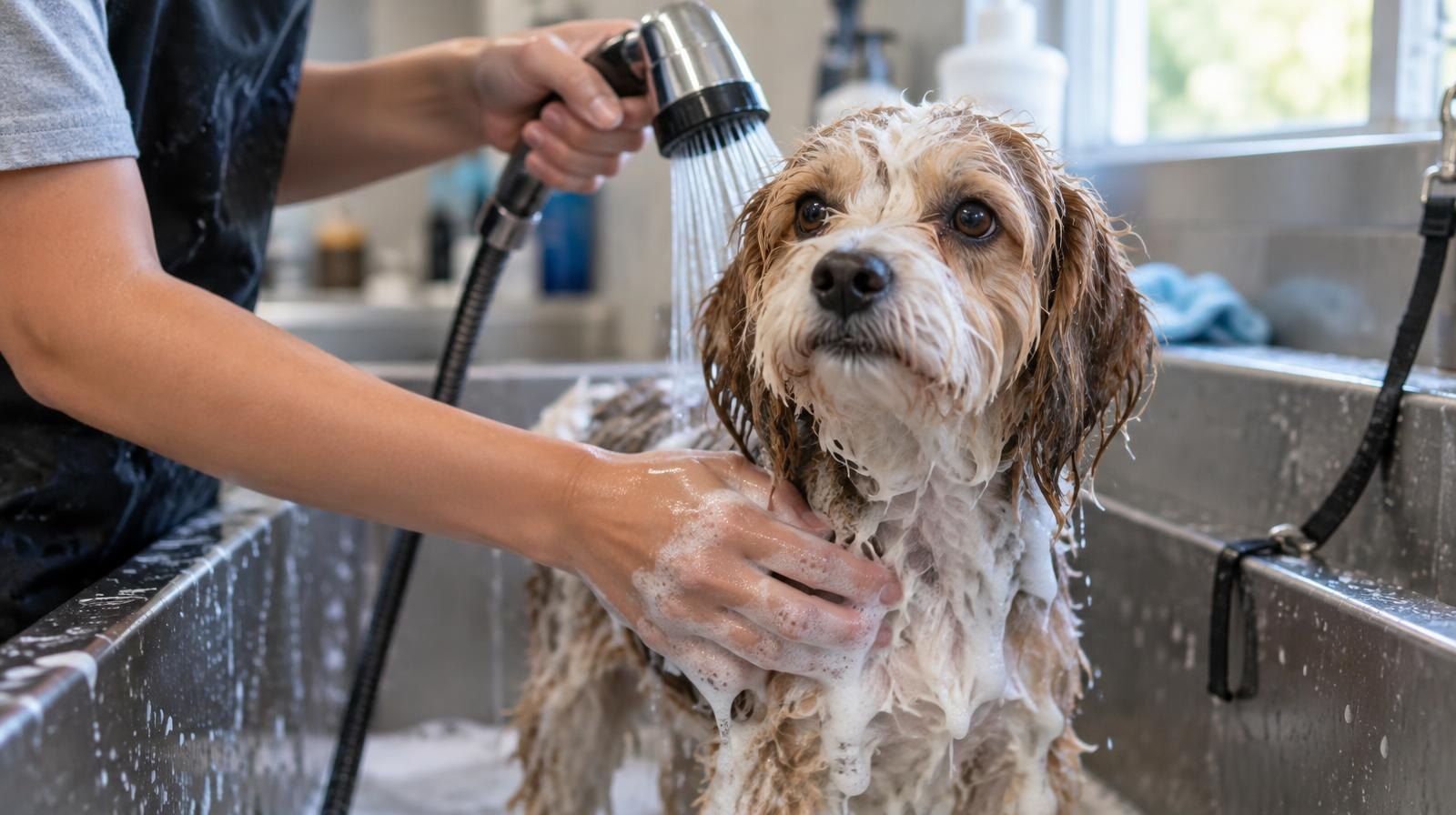 Hands scrubbing a small wet dog in a soapy grooming tub.