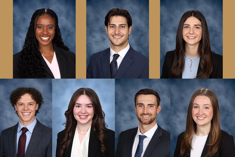 Composite of seven professional headshots of medical students in business attire.